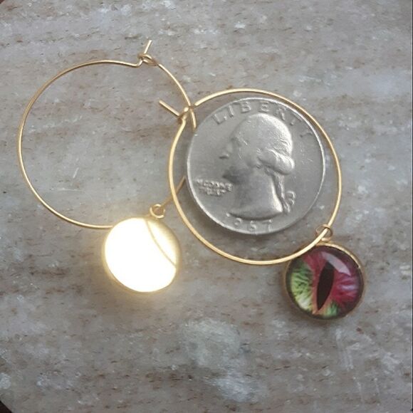 Gold or Black Stainless Steel Dangle Dragon Snake Eye Round Circle Hoop Earrings - Picture 5 of 8